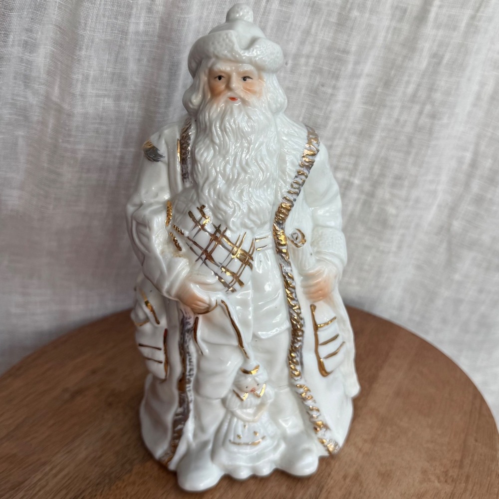 Vintage Santa Claus Music Box Figurine 9" White Gold Porcelain WORKS